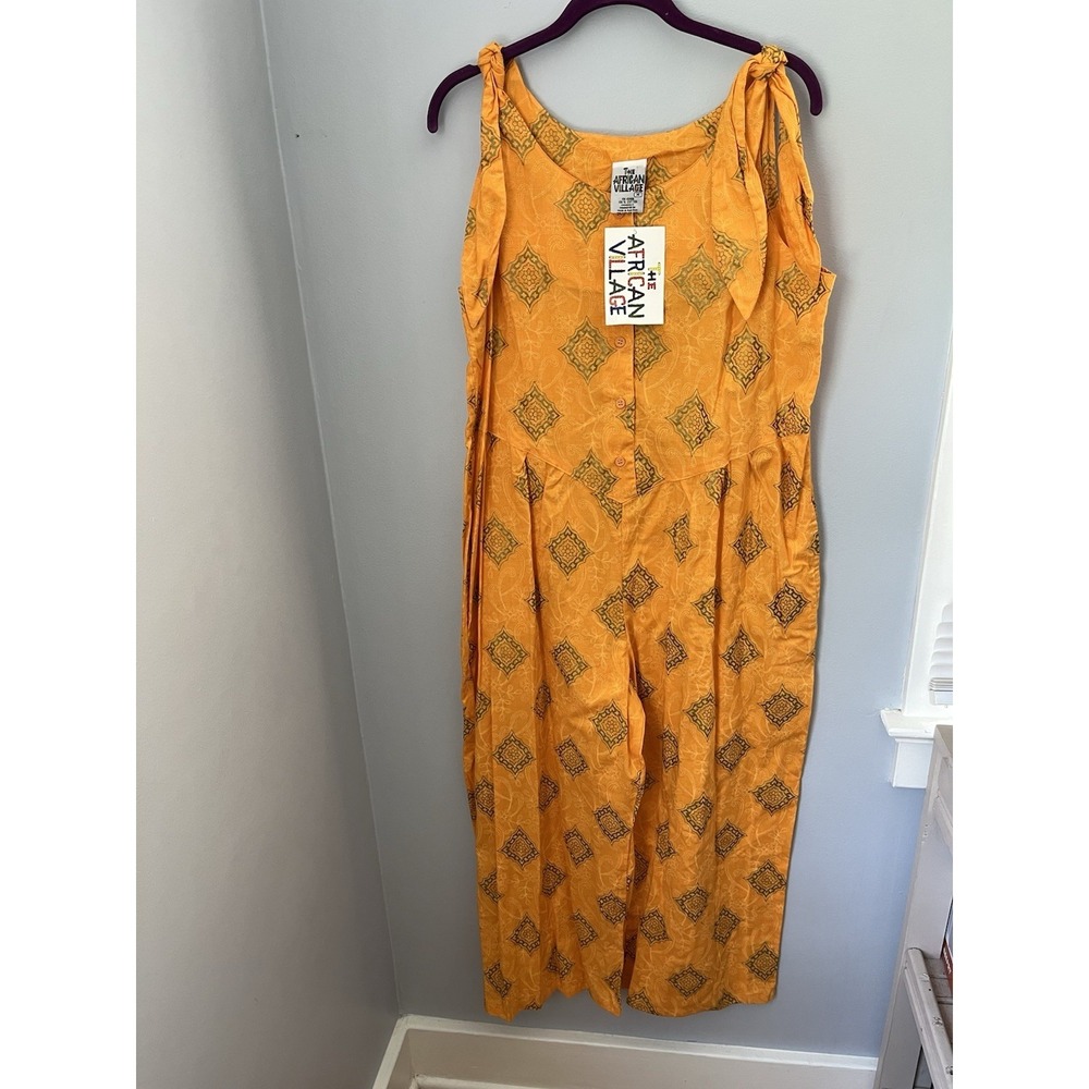 The African Village, Women's Orange And Gold Floral Jumpsuit Tie‎ Strap Cropp M